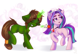 Size: 3508x2480 | Tagged: safe, artist:falafeljake, imported from derpibooru, aria blaze, oc, oc:tokamak, earth pony, pony, unicorn, duo, duo male and female, eyes closed, female, floppy ears, flower, high res, male