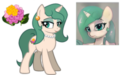 Size: 1500x898 | Tagged: safe, artist:raini-bases, artist:zeka10000, imported from derpibooru, oc, oc only, oc:lantana camara, unicorn, ai assisted, ai content, base used, beads, cutie mark, ear piercing, earring, female, generator:thisponydoesnotexist, jewelry, looking at you, makeup, mare, piercing, simple background, smiling, solo, standing, transparent background