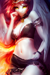 Size: 1024x1536 | Tagged: safe, editor:mr-bat, imported from derpibooru, daybreaker, anthro, abstract background, ai content, ai generated, belly, belly button, breasts, cleavage, closed mouth, clothes, collar, crown, female, fingers, fire, generator:stable diffusion, golden eyes, hand, hand on hip, hips, jewelry, light skin, looking at you, mouth, reasonably sized breasts, red hair, regalia, ribbon, skirt, slit pupils, solo, spread wings, thighs, victorian, wings, wristband