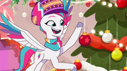 Size: 3072x1727 | Tagged: safe, imported from derpibooru, screencap, zipp storm, pegasus, pony, spoiler:g5, spoiler:my little pony: tell your tale, spoiler:tyts01e40, christmas, christmas tree, female, flying, g5, high res, holiday, mare, my little pony: tell your tale, open mouth, open smile, secret canter, smiling, solo, spread wings, tree, wings, youtube link