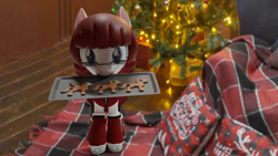 Size: 1024x576 | Tagged: safe, artist:dracagon, imported from derpibooru, oc, oc only, oc:seranae, pony, 3d, christmas, christmas tree, gingerbread (food), holiday, mouth hold, present, solo, tray, tree
