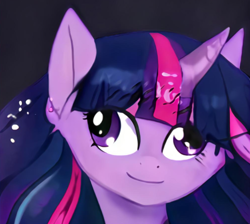 Size: 980x878 | Tagged: safe, imported from derpibooru, unicorn, accidentally a canon character, ai content, ai generated, bust, derp, generator:thisponydoesnotexist, not twilight sparkle, portrait, simple background, smiling