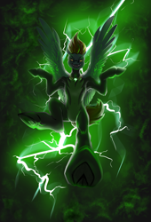 Size: 1500x2200 | Tagged: safe, artist:jehr, imported from derpibooru, lightning dust, pegasus, angry, angry smile, elements of harmony, green, green background, grin, hooves, lightning, smiling, solo