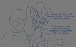 Size: 2020x1251 | Tagged: safe, artist:2hrnap, imported from derpibooru, nightmare moon, oc, oc:anon, alicorn, human, dialogue, duo, gray background, implied straight, lineart, ponybooru import, simple background