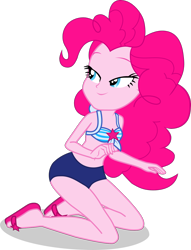 Size: 1110x1456 | Tagged: safe, alternate version, artist:dustinwatsongkx, imported from derpibooru, pinkie pie, human, equestria girls, accessory swap, bare shoulders, bikini, clothes, clothes swap, eyebrows, female, high res, kneeling, lidded eyes, looking up, sandals, sci-twi swimsuit, simple background, sleeveless, smiling, solo, swimsuit, swimsuit swap, transparent background