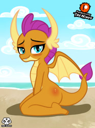 Size: 1920x2580 | Tagged: safe, artist:theminus, imported from derpibooru, smolder, dragon, beach, blushing, butt blush, dragoness, female, looking at you, smiling, smiling at you, solo