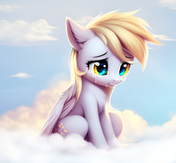 Size: 832x768 | Tagged: safe, imported from derpibooru, derpy hooves, pegasus, pony, ai content, ai generated, cloud, crying, cute, female, filly, foal, generator:stable diffusion, sad, solo