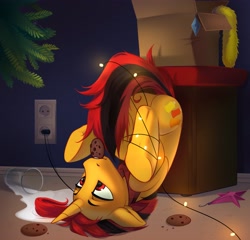 Size: 3545x3408 | Tagged: safe, artist:taneysha, imported from derpibooru, oc, oc only, oc:selest light, pony, unicorn, box, christmas, christmas lights, christmas tree, cookie, electrical outlet, food, holiday, milk, silly, silly pony, solo, spilled milk, tree, upside down