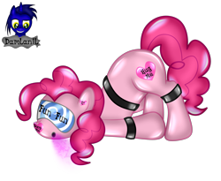 Size: 3519x2884 | Tagged: safe, artist:damlanil, imported from derpibooru, pinkie pie, earth pony, latex pony, original species, pony, bdsm, bondage, close-up, clothes, collar, cuffs, encasement, female, gas mask, heart, hypnogear, latex, living latex, mare, mask, mind control, restrained, rubber, rubber drone, rubber suit, shiny, shiny mane, show accurate, simple background, solo, story, story included, transformation, transparent background, vector, visor