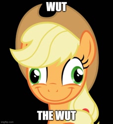 Size: 500x549 | Tagged: safe, derpibooru exclusive, edit, edited screencap, imported from derpibooru, screencap, applejack, earth pony, pony, friendship is witchcraft, black background, caption, derp, g4, image macro, meme, simple background, smiling, solo, text