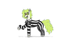 Size: 1639x828 | Tagged: safe, artist:nismorose, imported from derpibooru, oc, oc:beetle, beetlejuice, clothes, costume, ear fluff, fanart, female, green eyes, green mane, green tail, grin, halloween, halloween costume, holiday, mare, necktie, nightmare night, nightmare night costume, pants, sharp teeth, shirt, simple background, smiling, solo, striped shirt, suit, tail, teeth, white background