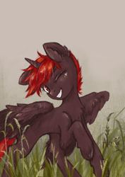 Size: 1564x2212 | Tagged: safe, artist:alex g, imported from derpibooru, oc, oc only, oc:hardy, alicorn, pony, alicorn oc, horn, looking at you, male, one eye closed, smiling, solo, spread wings, stallion, wings, wink