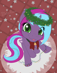 Size: 932x1200 | Tagged: safe, artist:binkyroom, imported from derpibooru, oc, oc:cloud twist, bat pony, pony, bell, bow, christmas, christmas lights, colored, cute, flat colors, holiday, horn, looking at you, patreon, patreon reward, ribbon, simple background, sitting, smiling, solo, tongue out