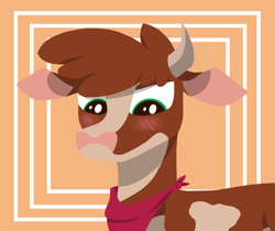 Size: 1799x1510 | Tagged: safe, artist:brehnya, imported from derpibooru, cow, them's fightin' herds, arizona (tfh), arizonadorable, bandana, blushing, community related, cute, horn, looking down, simple background, solo