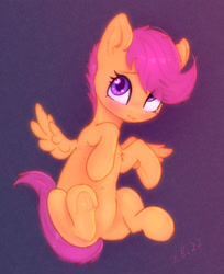 Size: 1631x2000 | Tagged: safe, artist:xbi, imported from derpibooru, scootaloo, pegasus, pony, blushing, cute, cutealoo, eye clipping through hair, eyebrows, eyebrows visible through hair, female, filly, foal, gradient background, mare, signature, solo, spread wings, wings