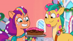 Size: 1280x720 | Tagged: safe, imported from derpibooru, screencap, hitch trailblazer, sunny starscout, earth pony, pony, spoiler:g5, spoiler:my little pony: tell your tale, spoiler:tyts01e40, animated, cake, deflated, duo, duo male and female, female, food, g5, male, mare, messy, my little pony: tell your tale, secret canter, sound, stallion, webm