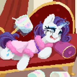 Size: 2000x2000 | Tagged: safe, artist:melodylibris, imported from derpibooru, rarity, pony, unicorn, clothes, comfort eating, couch, crying, eating, fainting couch, female, food, glowing, glowing horn, horn, ice cream, levitation, lying down, magic, makeup, mare, marshmelodrama, mascarity, on side, pixel art, rarity being rarity, robe, running makeup, running mascara, solo, spoon, telekinesis