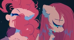 Size: 705x379 | Tagged: safe, artist:mirtash, imported from derpibooru, pinkie pie, earth pony, pony, chest fluff, crying, duality, duo, ear fluff, eyes closed, female, floppy ears, happy, mood contrast, open mouth, open smile, pinkamena diane pie, profile, sad, self paradox, self ponidox, smiling, teary eyes