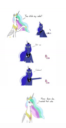 Size: 742x1426 | Tagged: safe, artist:nismorose, imported from derpibooru, princess cadance, princess celestia, princess luna, alicorn, angry, blatant lies, cake, chest fluff, comic, crown, cutie mark, ear fluff, ethereal mane, exploitable meme, female, food, horn, jewelry, levitation, lies, lying, magic, mare, meme, old meme, plate, regalia, shocked, shocked expression, siblings, simple background, sisters, sitting, smiling, sparkly mane, speech, spoon, spread wings, starry mane, talking, telekinesis, text, white background, wings