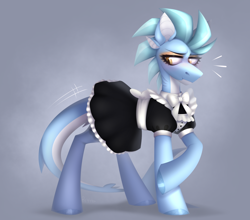 Size: 1826x1608 | Tagged: safe, artist:rtootb, imported from derpibooru, oc, oc only, merpony, original species, pony, shark, shark pony, bow, clothes, cute, digital art, dress, embarrassed, female, fins, fish tail, four ears, gills, looking down, maid, maid headdress, mare, simple background, skirt, skirt suit, socks, solo, stockings, suit, tail, thigh highs