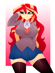 Size: 1500x2000 | Tagged: safe, artist:xan-gelx, imported from derpibooru, sunset shimmer, human, equestria girls, big breasts, breasts, busty sunset shimmer, clothes, cosplay, costume, doki doki literature club, socks, thigh highs, thigh socks