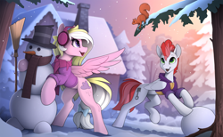Size: 2500x1536 | Tagged: safe, artist:yakovlev-vad, imported from derpibooru, oc, oc only, oc:bay breeze, oc:swift apex, pegasus, pony, squirrel, beautiful, bow, broom, carrot, chimney, clothes, colored, cute, depth of field, duo, earmuffs, folded wings, food, green eyes, hoodie, house, lacrimal caruncle, looking at something, ocbetes, open mouth, pegasus oc, purple eyes, raised leg, scarf, slim, snow, snowfall, snowman, spread wings, sternocleidomastoid, sweater, tail, tail bow, thin, tree, two toned hair, two toned mane, two toned tail, wings, winter