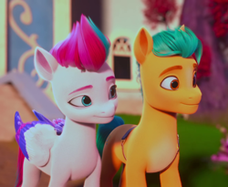 Size: 1320x1080 | Tagged: safe, imported from derpibooru, screencap, hitch trailblazer, zipp storm, earth pony, pegasus, pony, spoiler:my little pony: make your mark chapter 2, spoiler:myms01e01, 3d, cropped, duo, female, g5, izzy does it, male, mare, my little pony: make your mark, my little pony: make your mark chapter 2, stallion