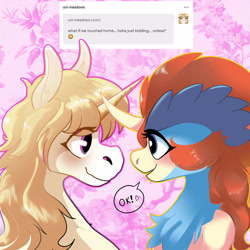 Size: 2800x2800 | Tagged: safe, artist:fiyawerks, imported from derpibooru, oc, oc:adora, oc:keldia, keldeo, pony, ask me anything, ama, cute, female, girly, horn, horns are touching, mare, mythical pokémon, pokémon, stare