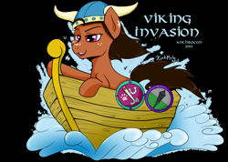 Size: 2444x1737 | Tagged: safe, artist:kyokimute, imported from derpibooru, oc, oc only, oc:dioponi, earth pony, pony, 2015, coat of arms, convention, design, freckles, helmet, horned helmet, male, ocean, shield, shirt design, simple background, solo, stallion, viking, viking helmet, water, wave
