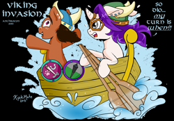 Size: 2455x1705 | Tagged: safe, artist:kyokimute, imported from derpibooru, oc, oc only, oc:dioponi, oc:kyoponi, earth pony, pony, unicorn, 2015, arms spread out, black background, boat, coat of arms, convention, derp, design, dialogue, duo, ear piercing, faic, female, freckles, glasses, gray eyes, helmet, hoof hold, horned helmet, male, mare, oar, ocean, open mouth, paddle, paddling, piercing, shield, shirt design, simple background, stallion, sweat, sweatdrops, tablet pen, tongue out, uncial script, viking, viking helmet, water, wave