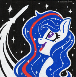 Size: 1768x1786 | Tagged: safe, artist:dandy, imported from derpibooru, oc, oc only, oc:nasapone, earth pony, pony, acrylic painting, earth pony oc, limited palette, open mouth, rocket, solo, space, starry eyes, traditional art, wingding eyes