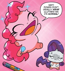 Size: 750x824 | Tagged: safe, artist:andypriceart, idw, imported from derpibooru, pinkie pie, rarity, earth pony, pony, unicorn, spoiler:comic, spoiler:comic42, dialogue, duo, female, g4, mare, pencil, rarity is not amused, speech bubble, unamused, we don't normally wear clothes