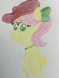 Size: 1546x2048 | Tagged: safe, artist:jesslmc16, imported from derpibooru, earth pony, pony, beret, bow, bust, colored, colored pencil drawing, drawing, eyebrows, female, frown, g5, hair bow, hat, my little pony: tell your tale, portrait, posey bloom, raised eyebrow, shoulder, traditional art