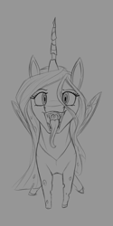 Size: 1000x2000 | Tagged: safe, artist:stray prey, imported from derpibooru, queen chrysalis, changeling, changeling queen, bust, fangs, female, long tongue, mawshot, monochrome, open mouth, solo, tongue out, uvula