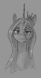 Size: 550x1050 | Tagged: safe, artist:stray prey, imported from derpibooru, queen chrysalis, changeling, changeling queen, bust, crown, female, gray background, jewelry, monochrome, partial color, portrait, queen chrysalis is not amused, regalia, simple background, sketch, solo, sternocleidomastoid, unamused