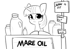 Size: 1980x1340 | Tagged: safe, artist:tjpones, imported from derpibooru, twilight sparkle, pony, unicorn, black and white, female, grayscale, hooves together, looking at you, mare, monochrome, oil, sign, simple background, solo, unicorn twilight, white background