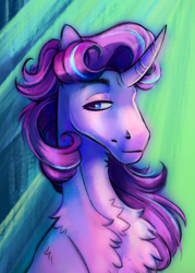 Size: 1000x1400 | Tagged: safe, artist:eeelt, imported from derpibooru, starlight glimmer, pony, unicorn, bust, chest fluff, curved horn, female, green background, horn, portrait, simple background, solo, sternocleidomastoid