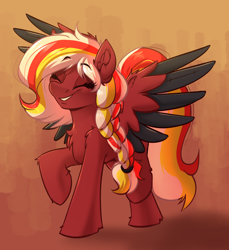 Size: 2440x2664 | Tagged: safe, artist:witchtaunter, imported from derpibooru, oc, oc only, pegasus, pony, braid, chest fluff, commission, cute, dancing, ear fluff, eyes closed, female, gradient background, happy, mare, raised hoof, smiling, solo, spread wings, wings