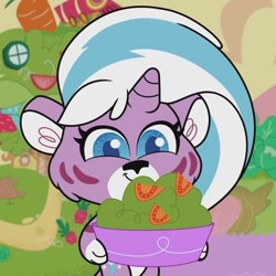 Size: 914x914 | Tagged: safe, imported from derpibooru, screencap, big cat, tiger, my little pony: pony life, spoiler:pony life s02e14, bipedal, bowl, chillabetes, cute, food, g4.5, holding, horn, life of pie, lightning chill, paws, salad, smiling, standing