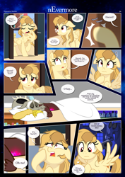 Size: 3259x4607 | Tagged: safe, artist:estories, imported from derpibooru, discord, oc, oc:alice goldenfeather, draconequus, pegasus, pony, comic:nevermore, bed hair, book, comic, exclamation point, flashback, high res, knocking, pegasus oc, pillow, sleeping, thought bubble, yawn