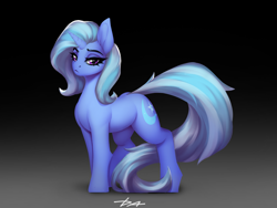 Size: 3680x2764 | Tagged: safe, artist:dacsy, imported from derpibooru, trixie, pony, unicorn, :<, female, gradient background, lidded eyes, long tail, looking at you, mare, solo, tail