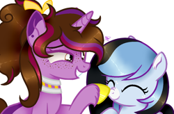 Size: 1064x696 | Tagged: safe, artist:kathepart, edit, imported from derpibooru, oc, oc only, oc:kathepaint, earth pony, pony, unicorn, boop, boop edit, child, collar, couple, duo, freckles, simple background, white background