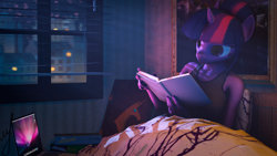 Size: 1920x1080 | Tagged: safe, artist:retro0range, imported from derpibooru, twilight sparkle, anthro, unicorn, 3d, bed, bedroom, book, comfy, computer, female, laptop computer, night, reading, source filmmaker, studying, that pony sure does love books, window