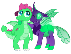 Size: 3200x2422 | Tagged: safe, artist:sweetielover, imported from derpibooru, oc, oc only, oc:goldigony, oc:sparkly emerald, changedling, changeling, dragon, derpibooru community collaboration, 2023 community collab, changeling oc, dragoness, duo, female, glowing, high res, male, simple background, standing, transparent background