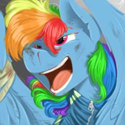 Size: 1800x1800 | Tagged: safe, artist:sinrar, imported from derpibooru, rainbow dash, pegasus, pony, blood, bust, open mouth, portrait, solo, zipper