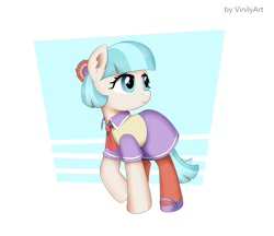 Size: 1604x1388 | Tagged: safe, artist:vinilyart, imported from derpibooru, coco pommel, earth pony, pony, clothes, cocobetes, cute, dress, female, flower, flower in hair, hoof shoes, mare, necktie, raised hoof, shoes, simple background, smiling, solo, stockings, thigh highs, white background