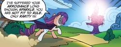 Size: 1334x516 | Tagged: safe, artist:tonyfleecs, idw, imported from derpibooru, rarity, pony, unicorn, ponies of dark water, spoiler:comic, spoiler:comic44, cape, clothes, dialogue, doctor doomity, female, g4, mare, mask, solo, speech bubble, trotting, twilight's castle