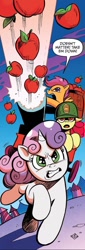 Size: 452x1334 | Tagged: safe, artist:andypriceart, idw, imported from derpibooru, apple bloom, scootaloo, sweetie belle, earth pony, pegasus, pony, unicorn, siege of the crystal empire, spoiler:comic, spoiler:comic37, apple, army helmet, cannon, cutie mark crusaders, dialogue, female, filly, foal, food, g4, helmet, speech bubble, trio