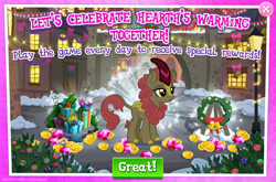 Size: 1961x1297 | Tagged: safe, imported from derpibooru, maple brown, kirin, advertisement, background character, background kirin, bush, cloven hooves, coin, costs real money, english, female, gameloft, gem, horn, my little pony: magic princess, official, present, sale, solo, solo focus, text, wreath