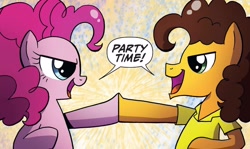 Size: 1260x750 | Tagged: safe, artist:agnesgarbowska, idw, imported from derpibooru, cheese sandwich, pinkie pie, earth pony, pony, friends forever, spoiler:comic, spoiler:comicff34, dialogue, duo, female, hoofbump, male, mare, speech bubble, stallion